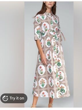 Vilagallo Floral Motif Shirt Dress in White and Green